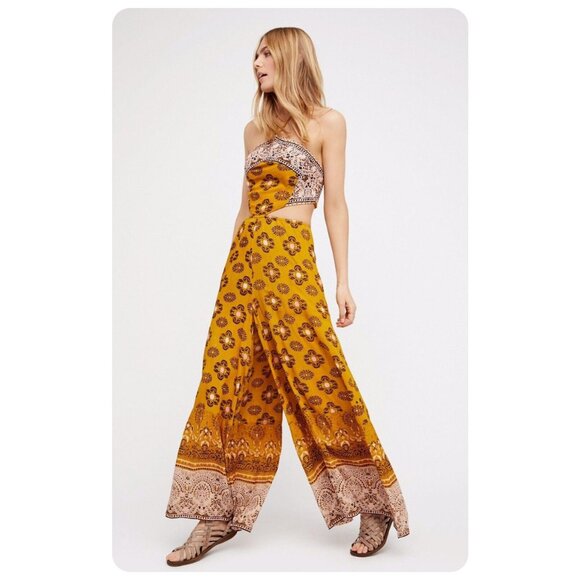 Free People Pants - Free People Maribelle Cut-Out Mustard Boho Jumpsuit sz S